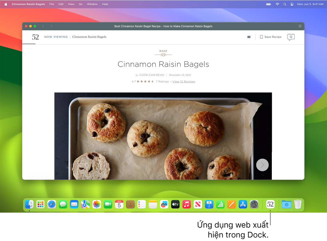 Một ứng dụng web được mở với biểu tượng của ứng dụng đó trong Dock.