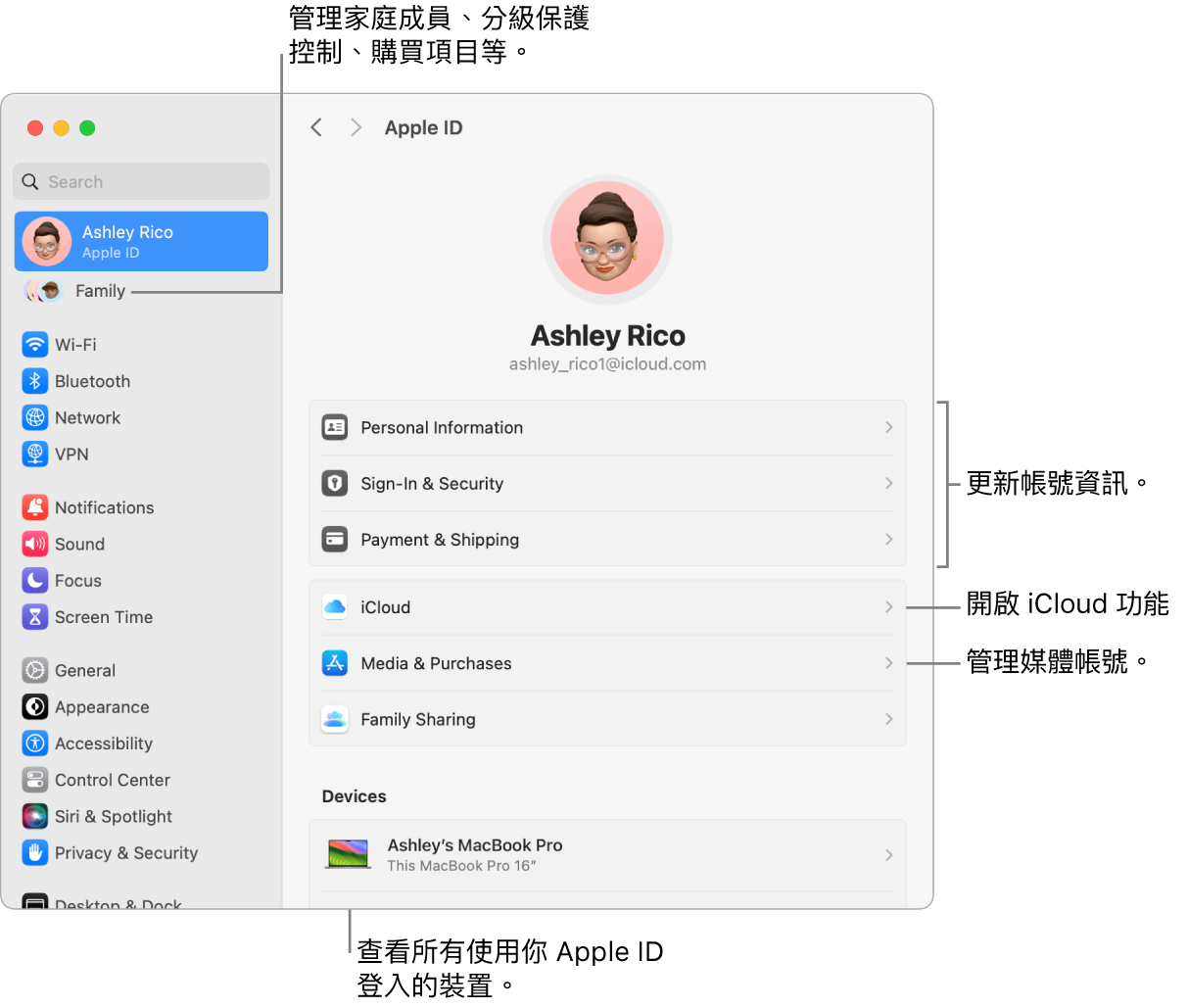 「系統設定」中的 Apple ID 設定包含更新帳號資訊、開啟或關閉 iCloud 功能、管理媒體帳號以及可管理家庭成員、分級保護控制、購買項目和更多內容的「家人共享」的說明框。