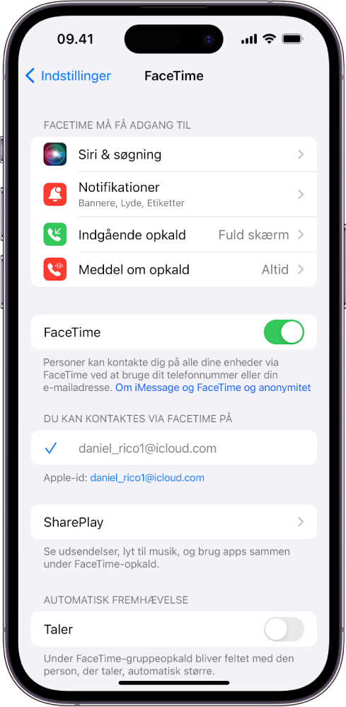 Skærmen Indstillinger til FaceTime, der viser knappen til at slå FaceTime til eller fra og feltet, hvor du skriver dit Apple-id til FaceTime.