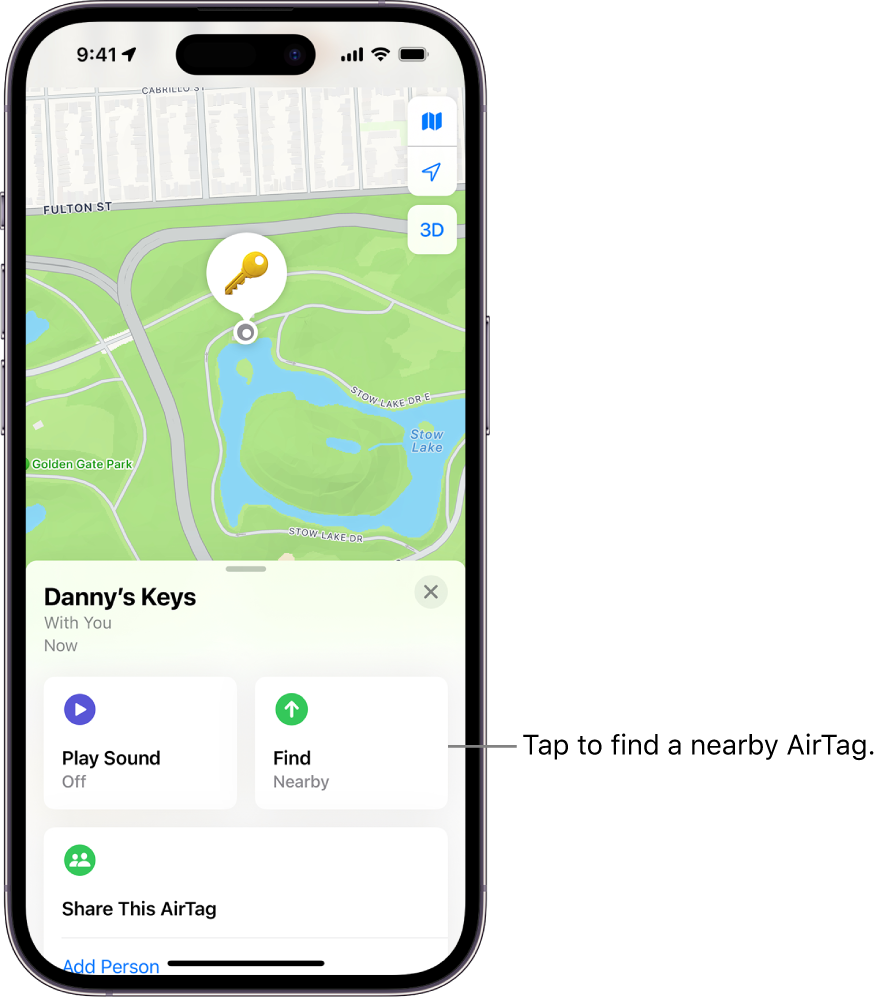 The Find My app open, showing Danny’s keys in Golden Gate Park. Tap the Find button to locate a nearby AirTag.