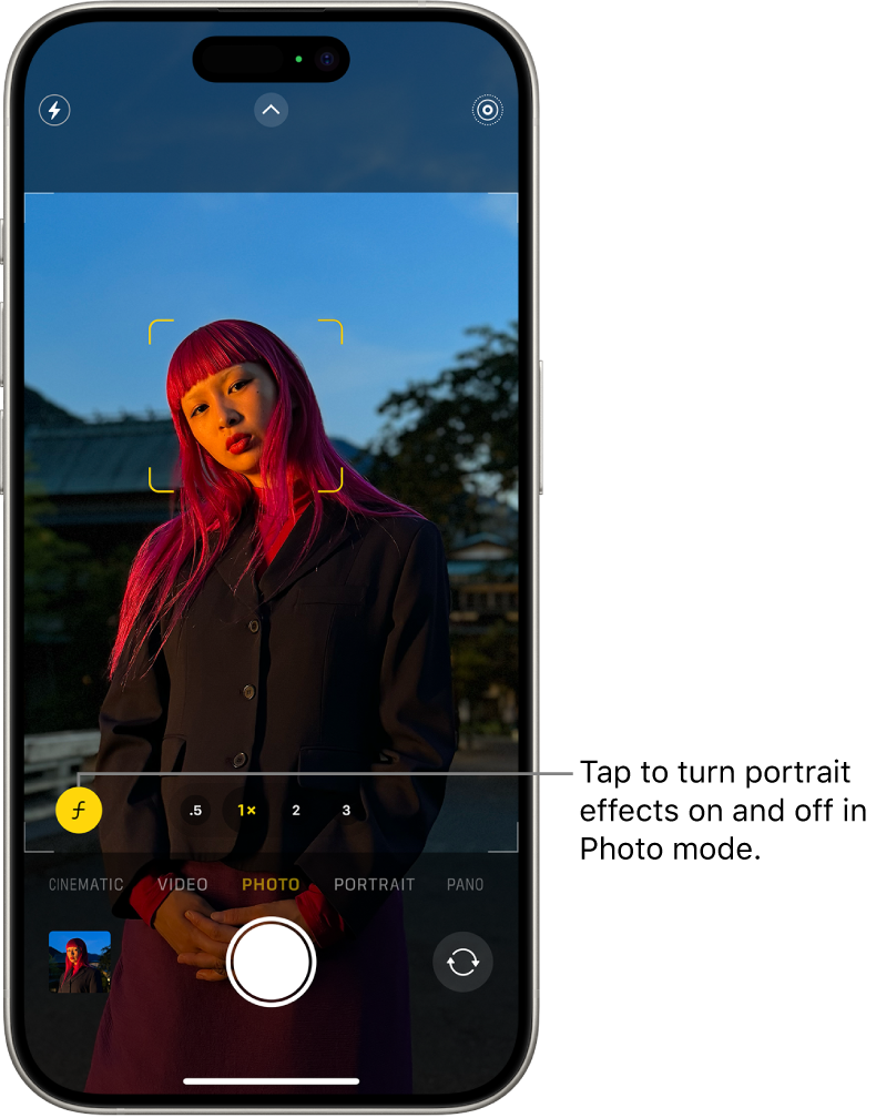 The Camera screen in Photo mode; in the view finder, the subject is sharp and the background is blurred. In the bottom left corner of the view finder, the Depth button is selected to apply the portrait effect.