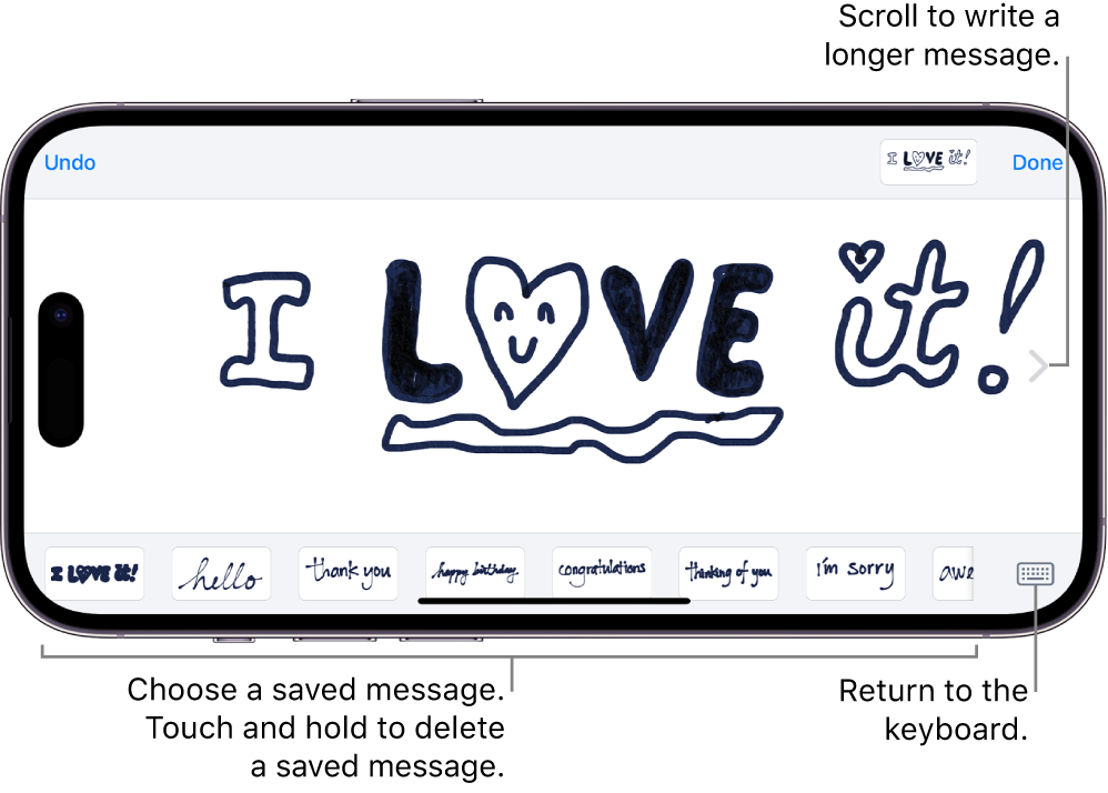 The canvas for composing a handwritten message. Along the bottom, from left to right, are saved handwritten items and the Keyboard button.