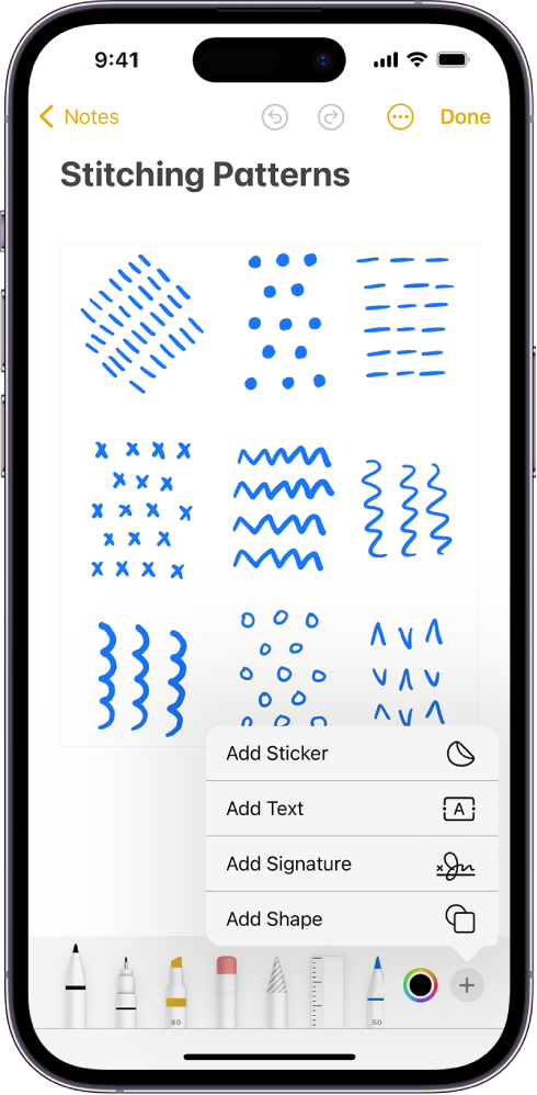 The Markup toolbar is open at the bottom of a note in the Notes app and the Add button in the bottom-right corner of the screen is selected. The following options are available in the Add menu: Add Sticker, Add Text, Add Signature, and Add Shape.