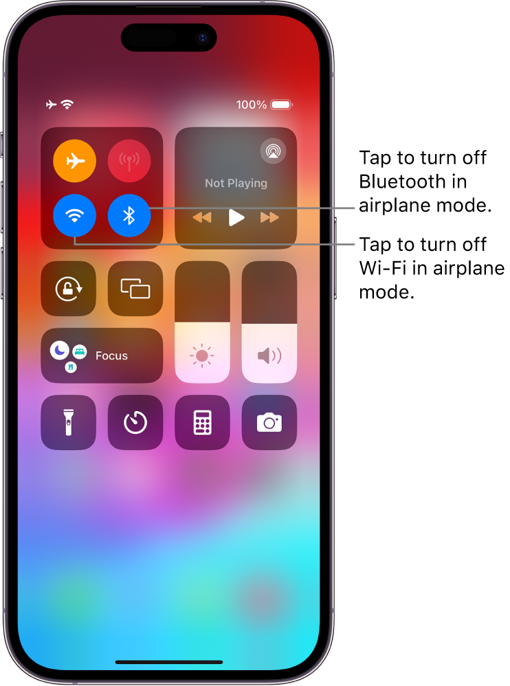 The iPhone Control Center. In the top-left group of controls are the Airplane mode button (top left), Wi-Fi button (bottom left), and the Bluetooth button (bottom-right). Airplane mode, Wi-Fi, and Bluetooth are all turned on. Tap the Bluetooth button to turn off Bluetooth in Airplane Mode. Tap the Wi-Fi button to turn off Wi-Fi in airplane mode.