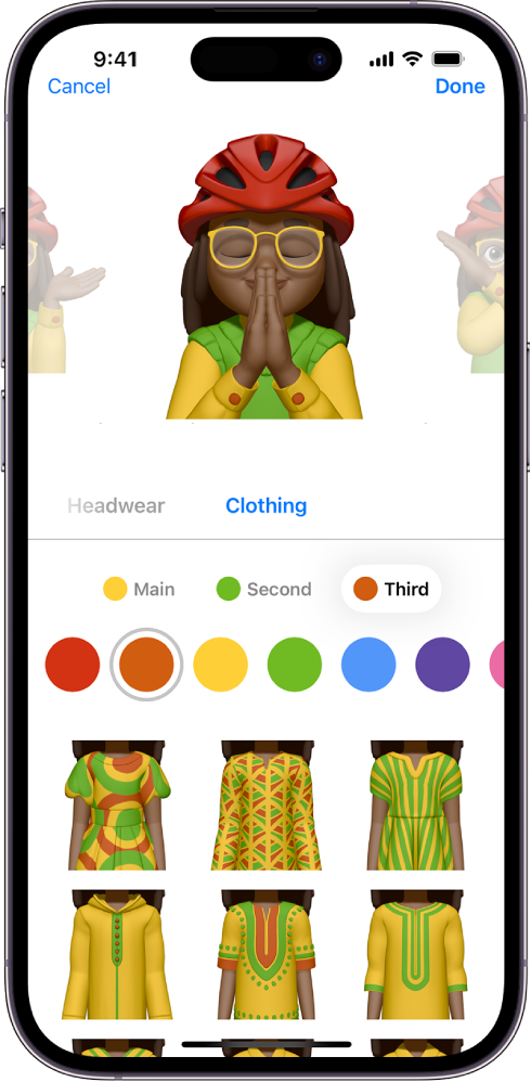 The Memoji screen, showing the character being created in the middle, features to customize below the character, then below that, options for the selected feature. The Done button is at the top right and the Cancel button is at the top left.