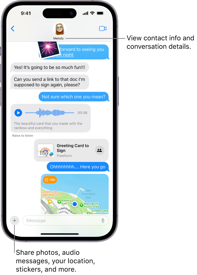A Messages conversation. The name of the person you’re sending messages to is at the top of the screen. You can tap their name to see conversation details. The Add button is in the bottom-left corner.