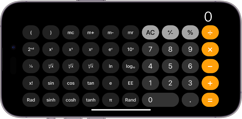 iPhone in landscape orientation showing the scientific calculator with exponential, logarithmic, and trigonometric functions.