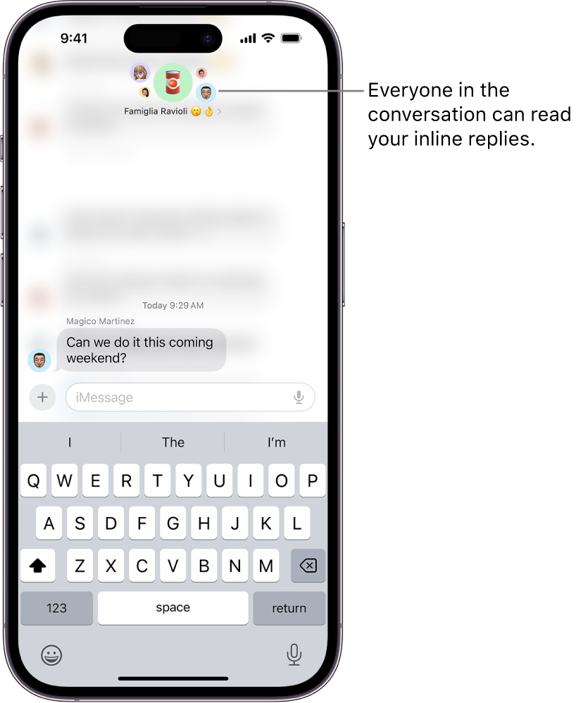 Composing an inline reply in a group conversation in Messages. Icons of the people in the group are at the top of the screen. The onscreen keyboard is in the bottom half of the screen. Most of the message conversation is blurred except for the specific text that’s being replied to with an inline reply.