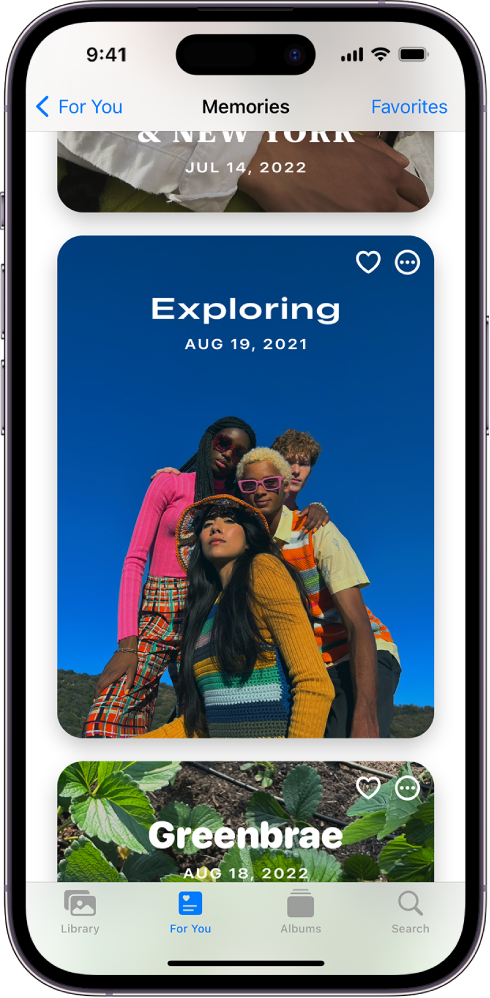 The Memories screen in the Photos app. At the bottom of the screen, the For You tab is selected and the screen is filled with memories. In the top-left corner is the For You button and in the top-right corner is the Favorites button.