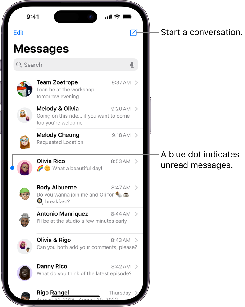 The Messages conversation list, with the Compose button at the top right. A blue dot to the left of a message indicates it’s unread.