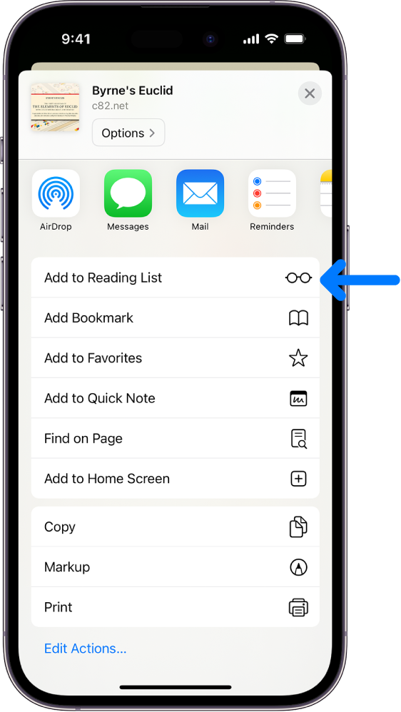 In Safari, the Share button on a webpage has been tapped, revealing a list of options, including Add to Reading List.