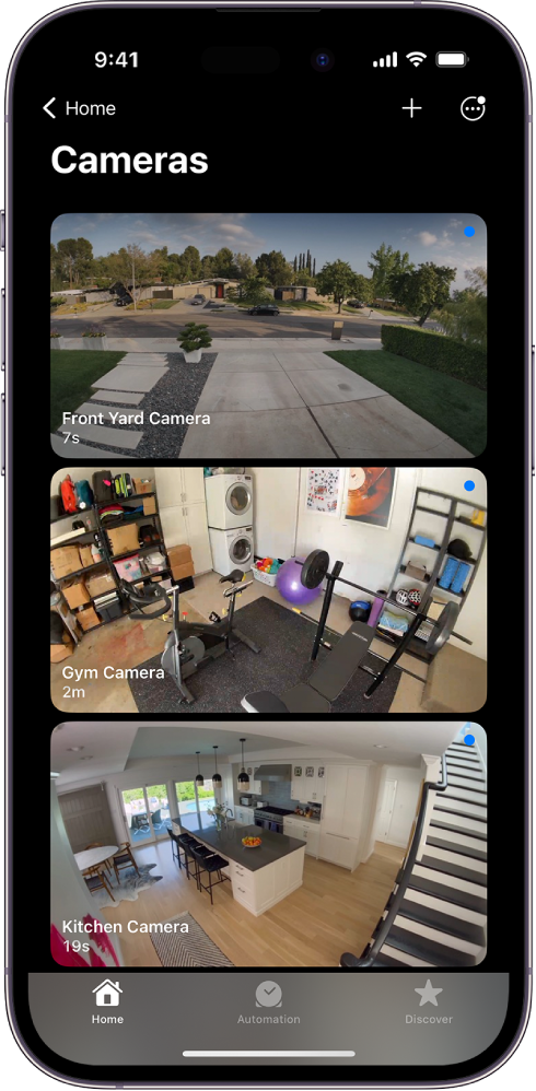 The Cameras screen, showing images from three security cameras—front yard, home gym, and kitchen. Below the name of each camera is the time passed since the image was updated. For example, the front yard camera shows that the image was last updated 7 seconds ago.