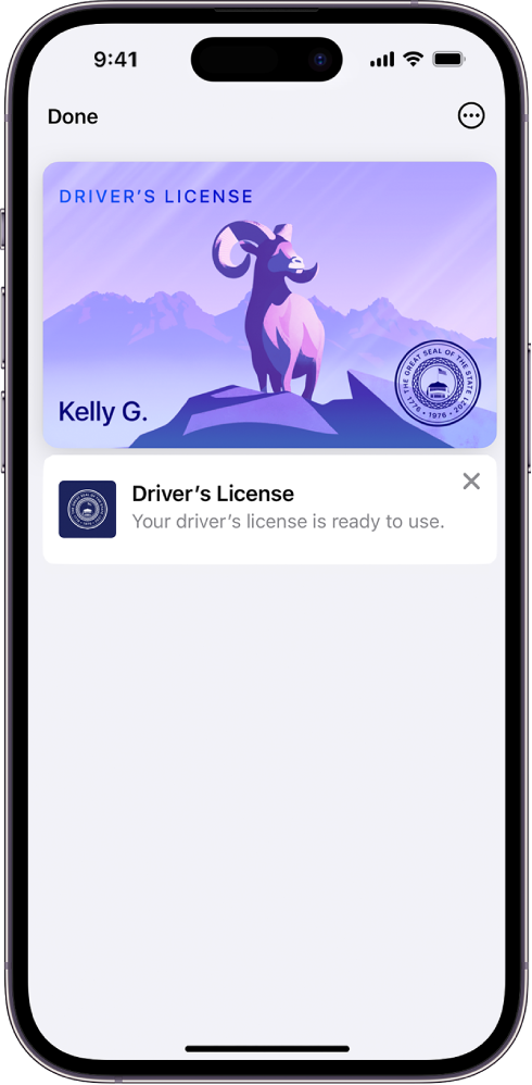 A driver’s license in the Wallet app. The Done button is at the top left, and the More button is at the top right.