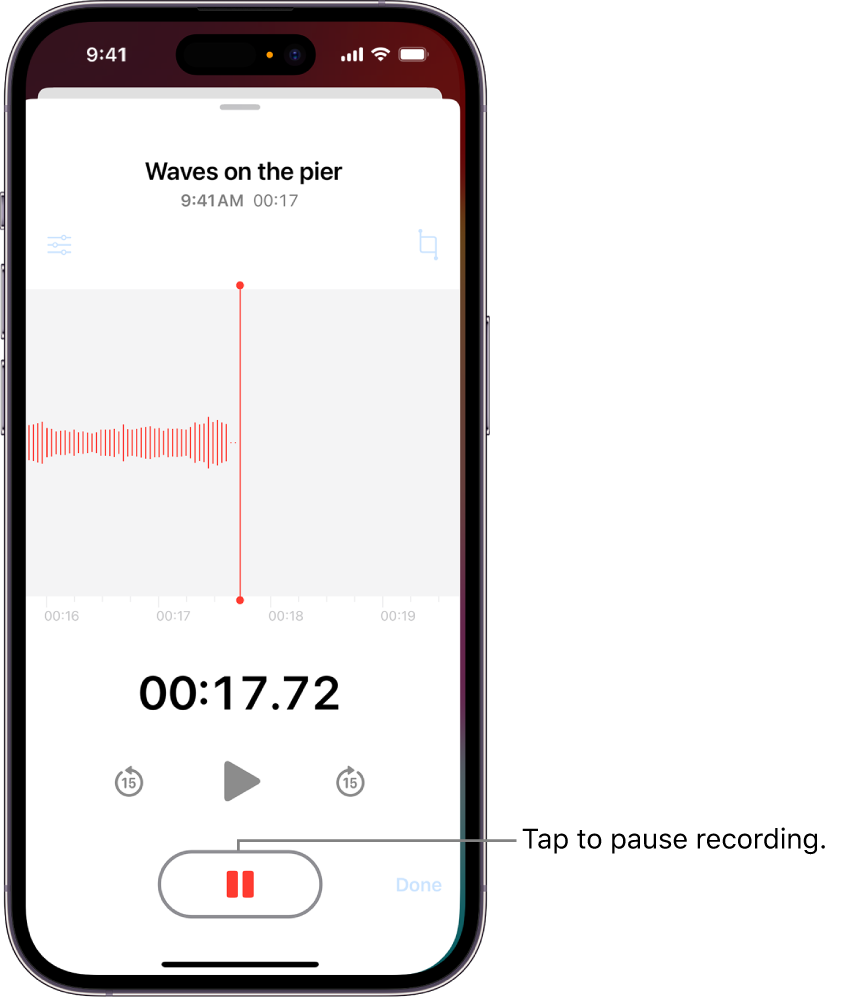 A Voice Memos recording, showing a waveform of the recording that’s in progress, along with a time indicator and a button to pause the recording.