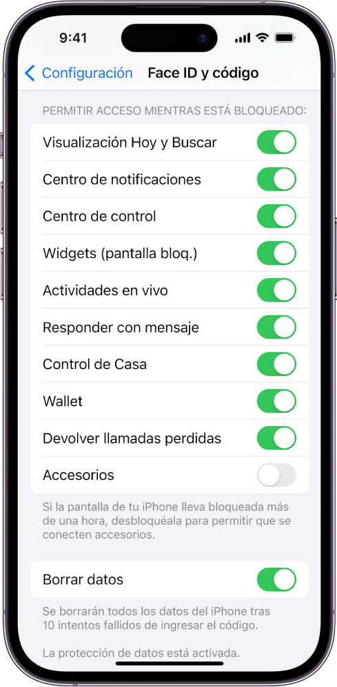La pantalla Face ID y código mostrando la configuración para permitir el acceso a funciones específicas mientras el iPhone está bloqueado.