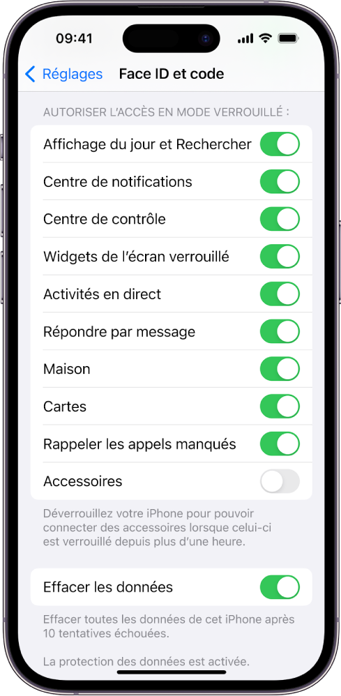 L’écran « Face ID et code » avec les réglages pour autoriser l’accès à certaines fonctionnalités lorsque l’iPhone est verrouillé.