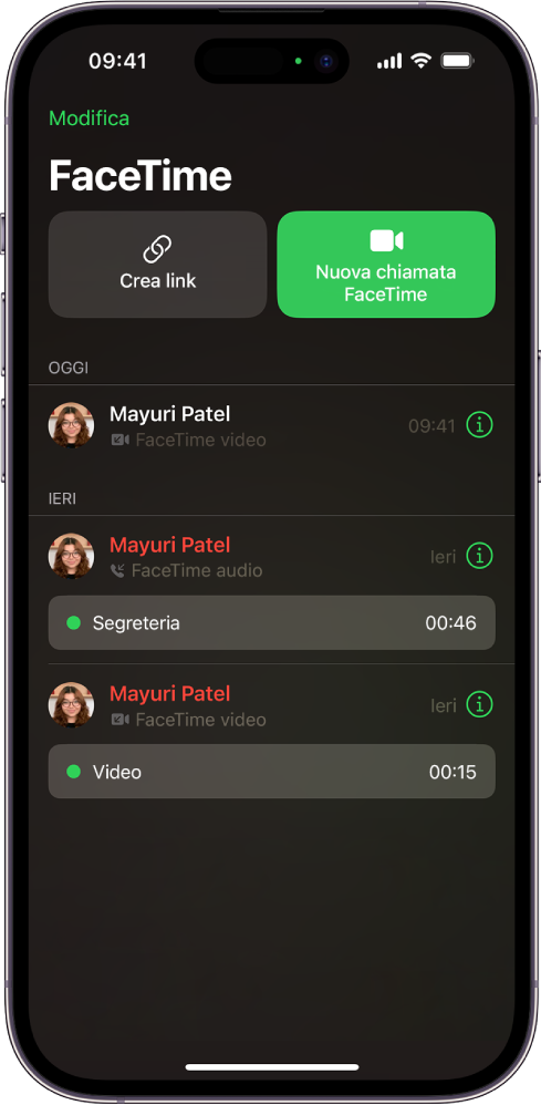 La schermata per iniziare una chiamata FaceTime, che mostra il pulsante “Crea link” e “Nuova chiamata FaceTime”, per effettuare una chiamata.