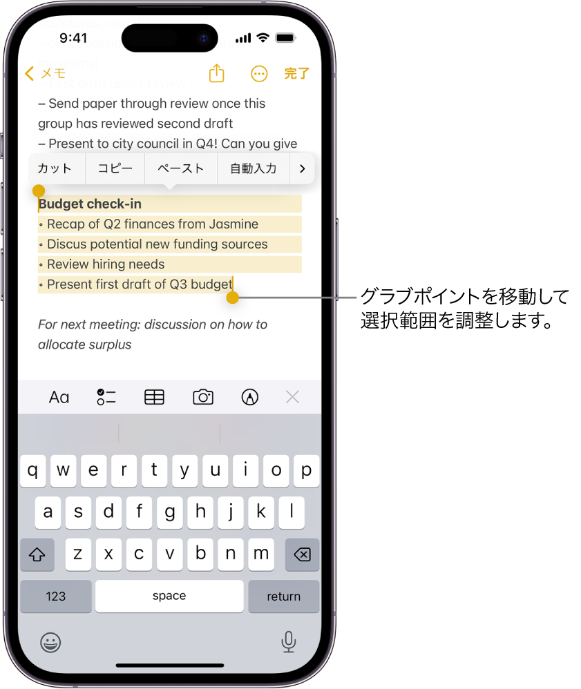 iPhoneでテキストを選択する/カットする/コピーする/ペーストする