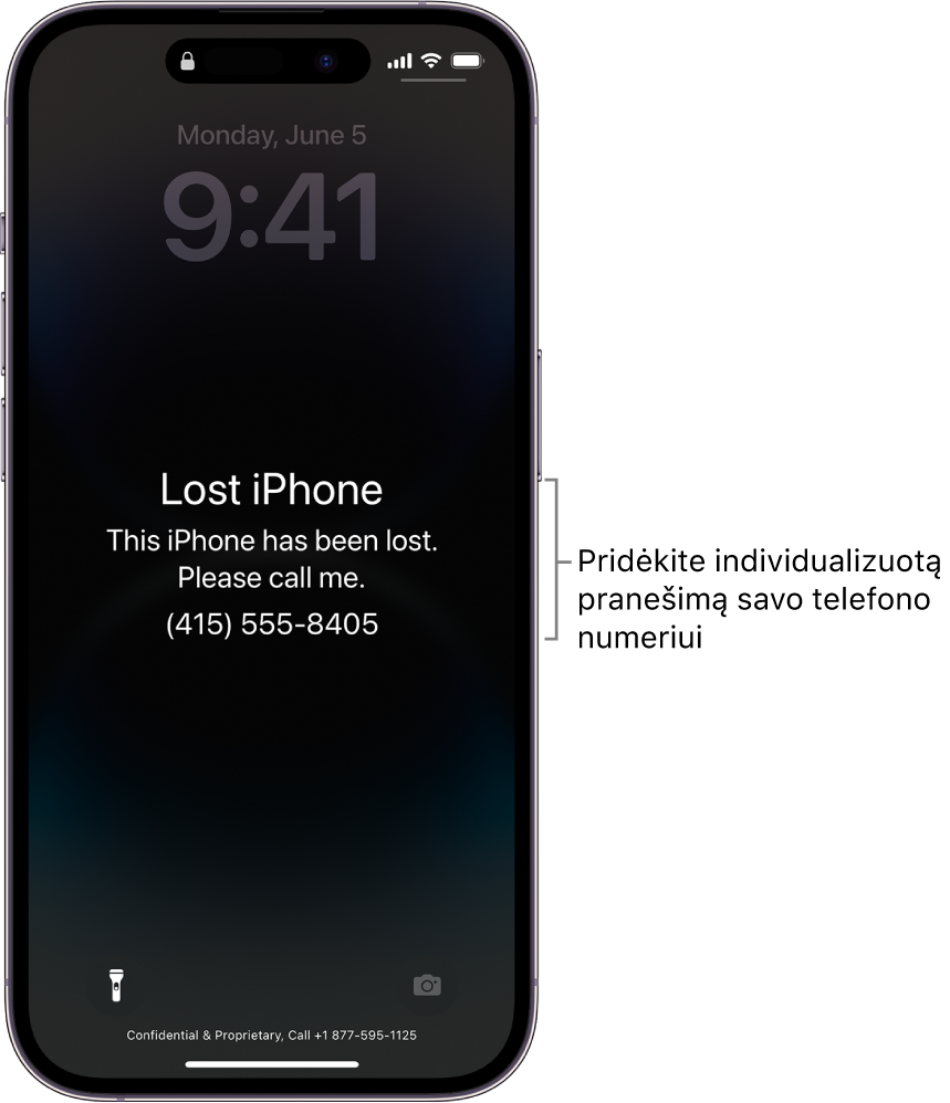 „iPhone“ užrakintas ekranas su prarasto „iPhone“ pranešimu. Galite įvesti pasirinktinį pranešimą su savo telefono numeriu.