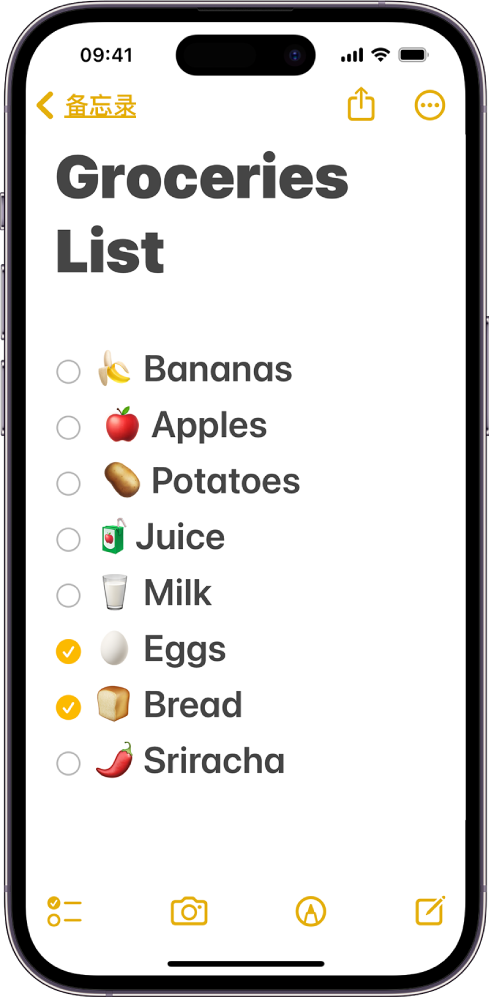 iPhone 上使用了更大辅助功能字体且以较粗文本显示的“提醒事项”列表，按钮形状已打开。
