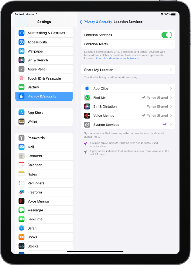 La configuració de la localització a la secció de privacitat i seguretat, amb opcions per compartir la ubicació de l’iPad, inclosa la configuració personalitzada per a cada app.