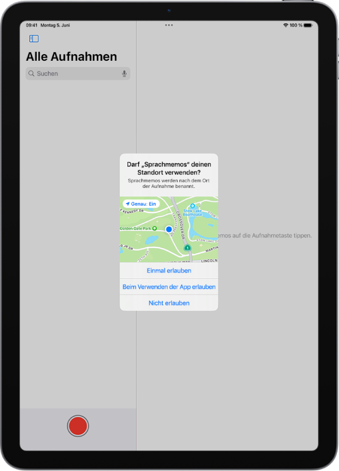 Eine App-Anfrage zur Verwendung deiner Standortdaten auf dem iPad. Die verfügbaren Optionen sind „Einmal erlauben“, „Beim Verwenden der App erlauben“ und „Nicht erlauben“.