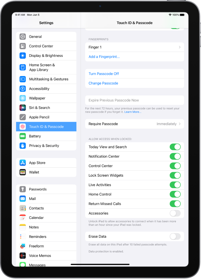Touch ID & Passcode settings, with options for allowing access to specific features when iPad is locked.
