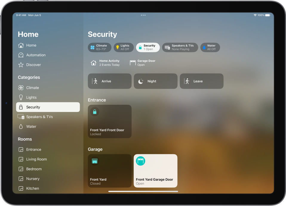 The Home app with the sidebar on the left. Security is highlighted. On the right, the Security category button is highlighted. Below are security accessories such as locks and garage doors.