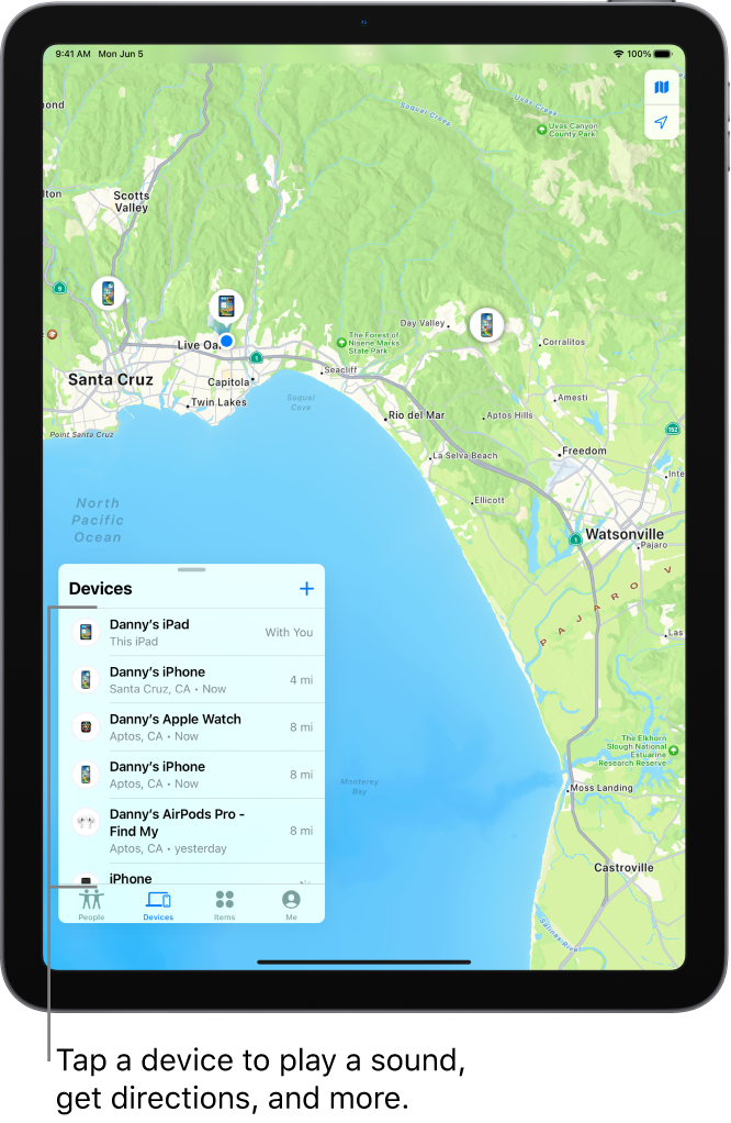 The Find My screen open to the Devices list. The devices listed include Danny’s iPad, Danny’s iPhone, Danny’s Apple Watch, and Danny’s AirPods Pro. Their locations are shown on a map near Santa Cruz.