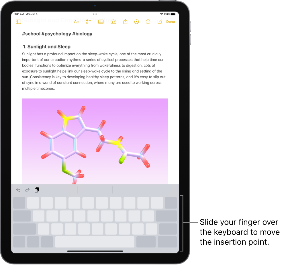 A document is open in the Notes app. The onscreen keyboard in the bottom half of the screen is in trackpad mode.
