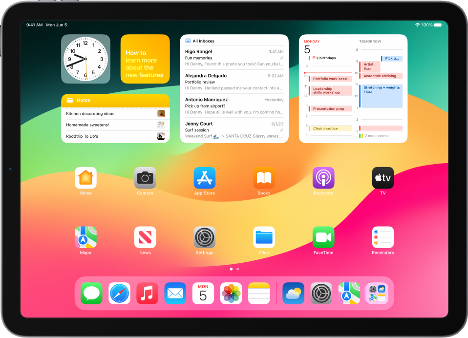 The Home Screen with the Dock showing seven favorite apps on the left and three suggested apps on the right. The rightmost icon in the Dock opens App Library.