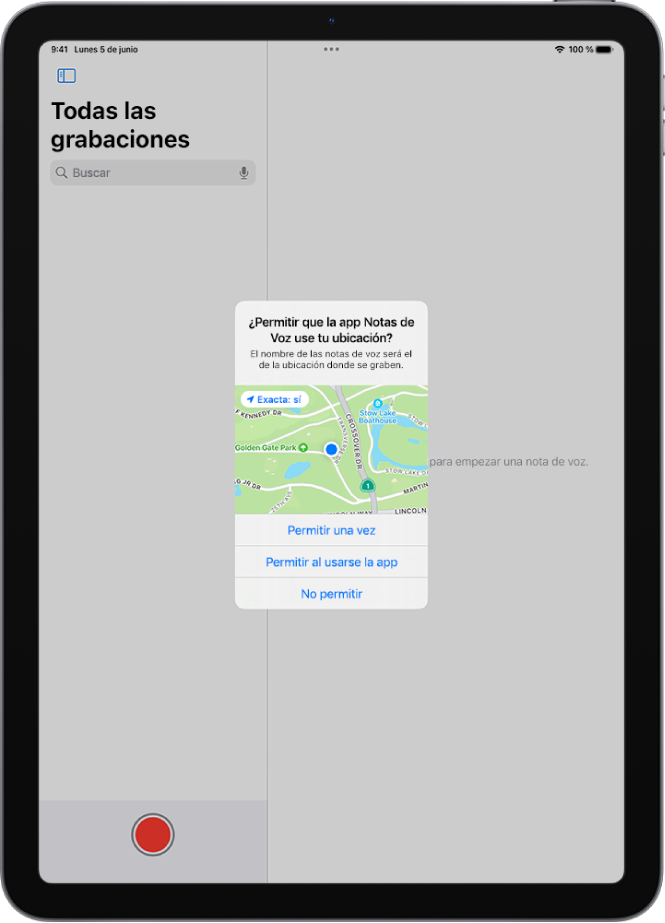 Una solicitud de una app para usar datos de ubicación en el iPad. Las opciones son “Permitir una vez”, “Permitir al usarse la app” y “No permitir”.