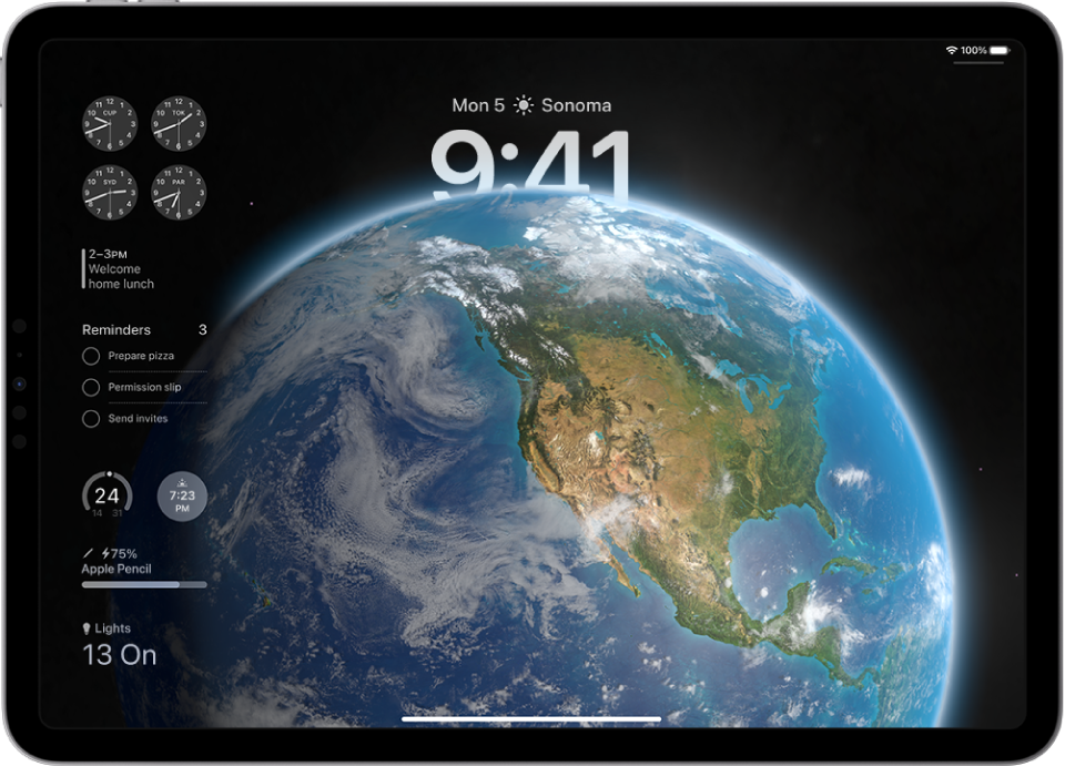iPadin lukittu näyttö, jossa kuva maapallosta täyttää näytön. Vasemmalla puolella ovat widgetit Kello, Kalenteri, Muistutukset, Sää ja Apple Pencilin akkutiedot.