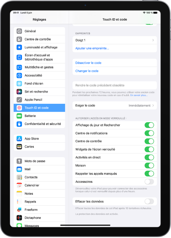 Réglages « Touch ID et code », avec des options permettant d’accéder à des fonctionnalités spécifiques lorsque l’iPad est verrouillé.