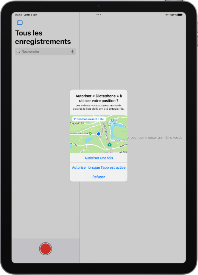 Une requête d’une app pour utiliser les données de localisation sur l’iPad. Les options sont « Autoriser une fois », « Autoriser lorsque l’app est active » et « Ne pas autoriser ».