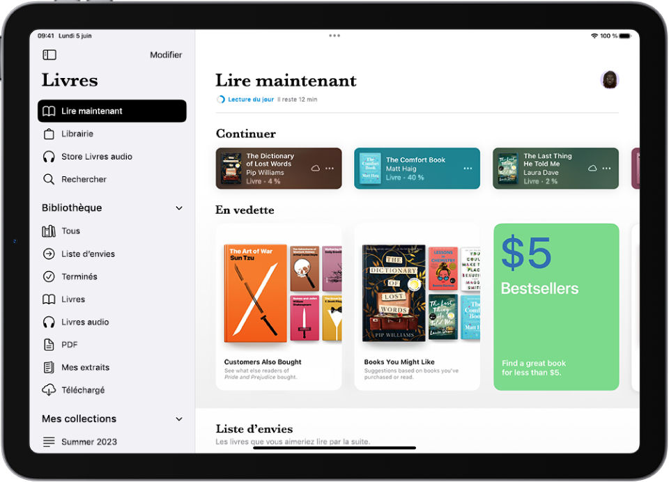 L’écran Lire maintenant dans l’app Livres, affichant les sections En cours, Récents et Liste d’envies.