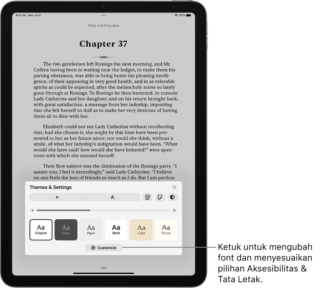Halaman buku di app Buku. Pilihan Tema & Pengaturan menampilkan kontrol untuk ukuran font, tampilan pengguliran, gaya membalik halaman, kecerahan, dan gaya font.