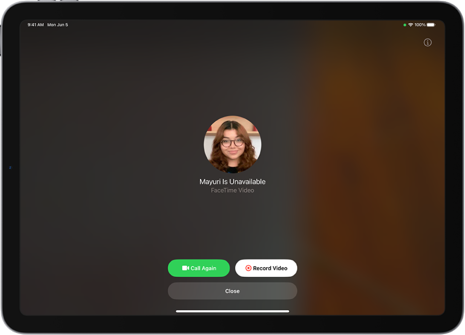 A tela Gravar Vídeo mostrando que a pessoa para quem você está ligando está indisponível. A tela inclui um botão Ligar Novamente e um botão Gravar Vídeo, que você pode tocar para gravar uma mensagem de vídeo.