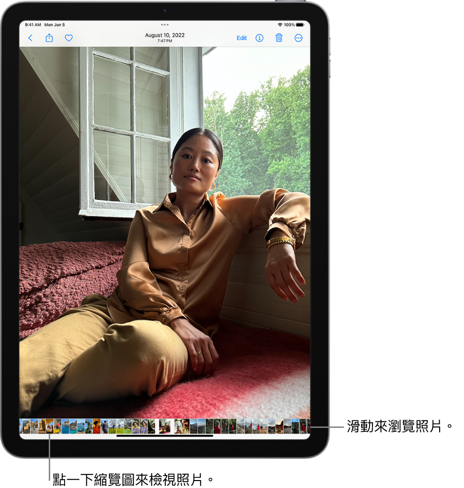 「照片」App 以全螢幕顯示照片。螢幕底部為圖庫中其他照片的縮覽圖。