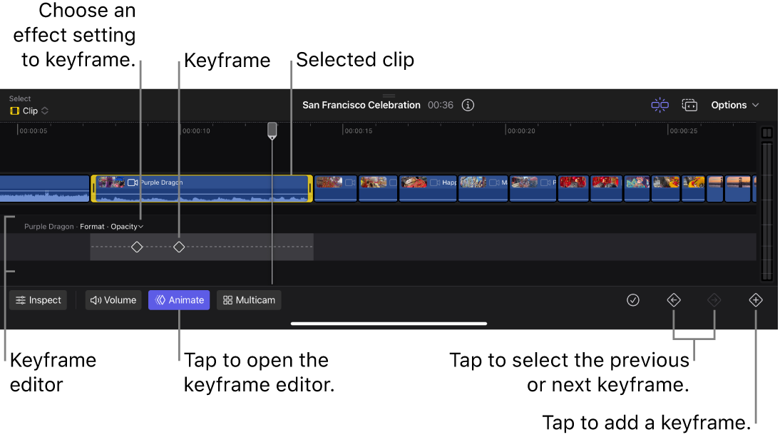 Offener Keyframe-Editor in der Timeline mit zwei Keyframes, die der Deckkrafteinstellung in einem Clip hinzugefügt wurden.