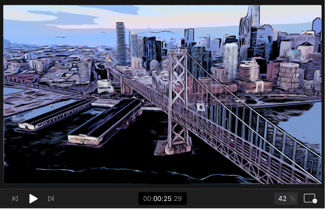 Der Viewer zeigt ein Bild, auf das der Effekt „Comic“ angewandt wurde, der eine Stadtlandschaft in eine bunte Zeichnung verwandelt.