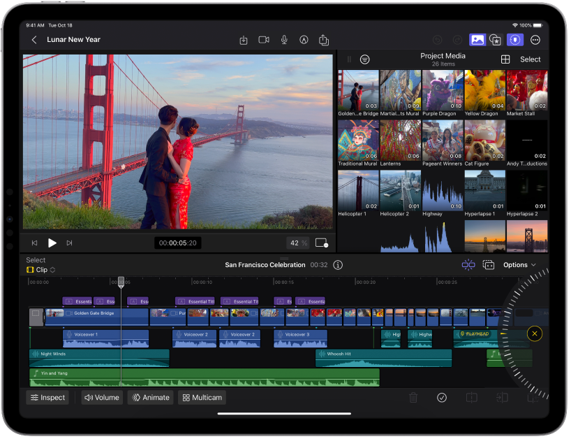 Das Fenster von Final Cut Pro für iPad mit Viewer, Übersicht und Timeline.