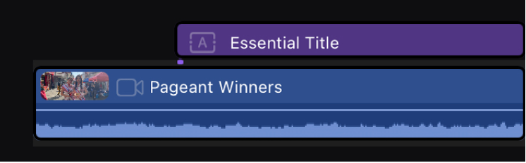 A purple title clip in the timeline, attached to a video clip as a connected clip.