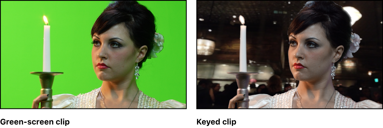 A green-screen clip before and after it’s composited over a background image.