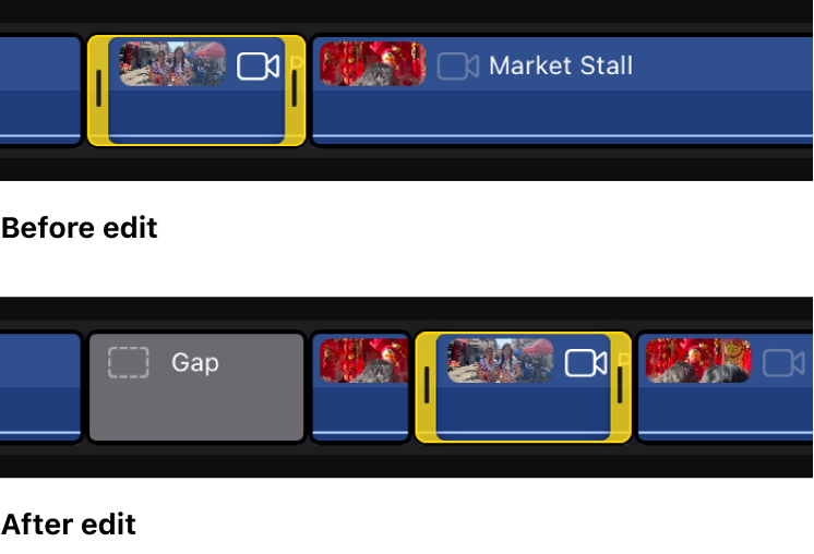 A clip shown before and after being dragged to a new location in the timeline when Position mode is on. After being dragged to its new position, the clip overwrites a portion of an adjacent clip, and a gap clip fills in the vacated part of the timeline.