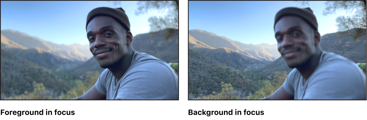 Two versions of a frame from a Cinematic mode video clip, showing a change in focus.