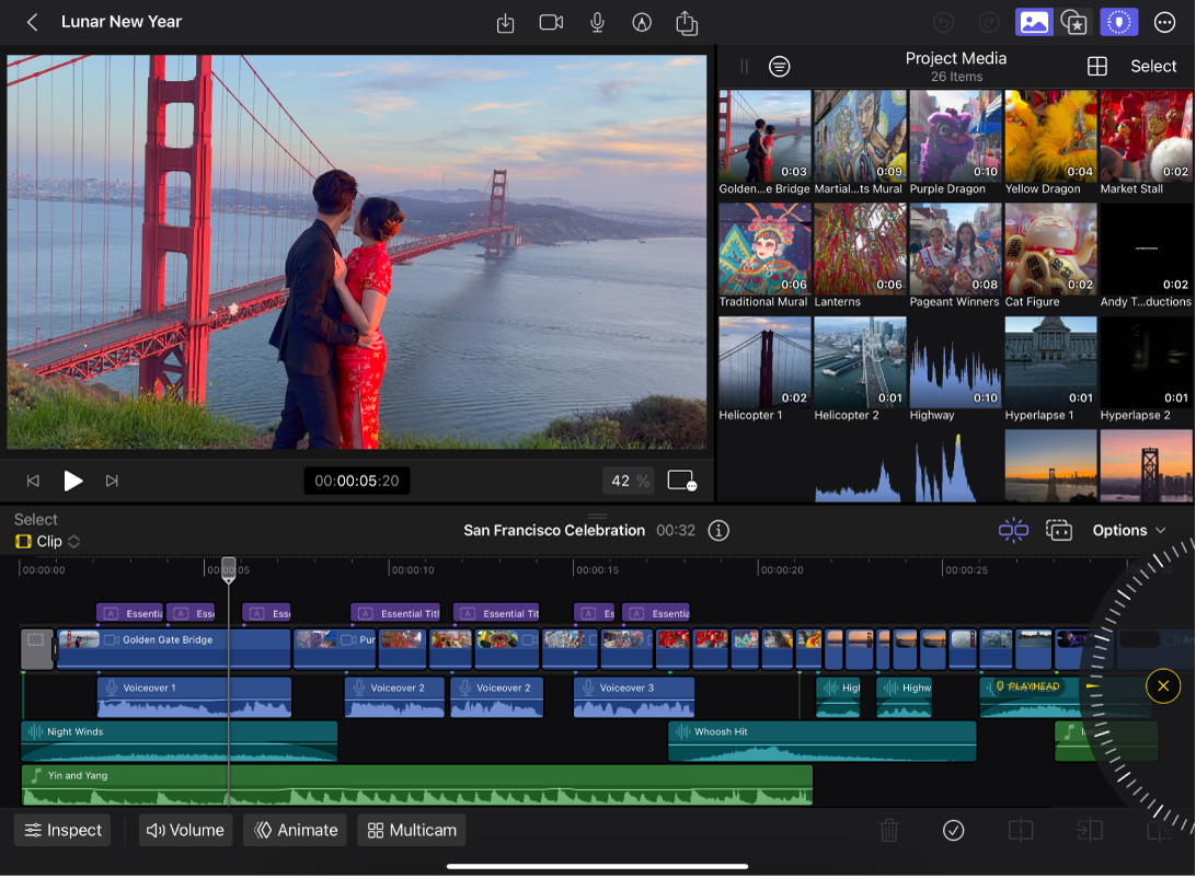 The main workspace in Final Cut Pro for iPad, with the viewer and browser at the top, and the timeline at the bottom.