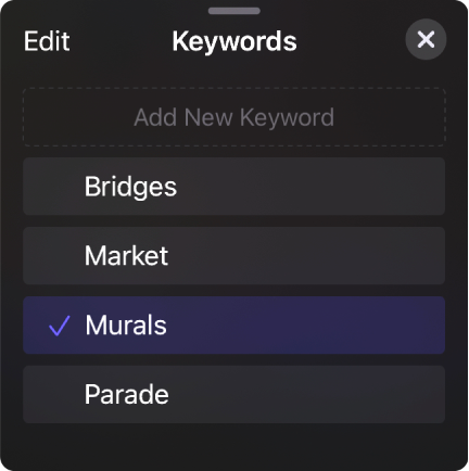 The Keywords list showing current keywords and a field for adding new keywords.