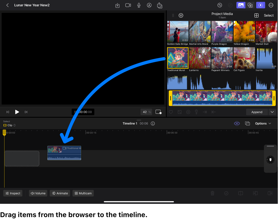 The main workspace in Final Cut Pro for iPad, showing a clip thumbnail from the browser being dragged to the timeline.