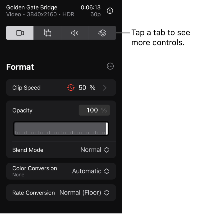 The Format tab of the inspector, showing controls for modifying a video clip’s speed, opacity, and blend mode.